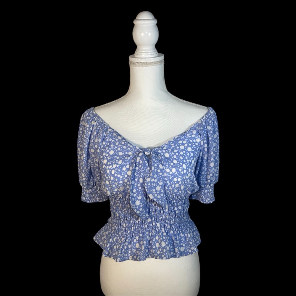 Sky Blue and white Floral Smocked Crop Top